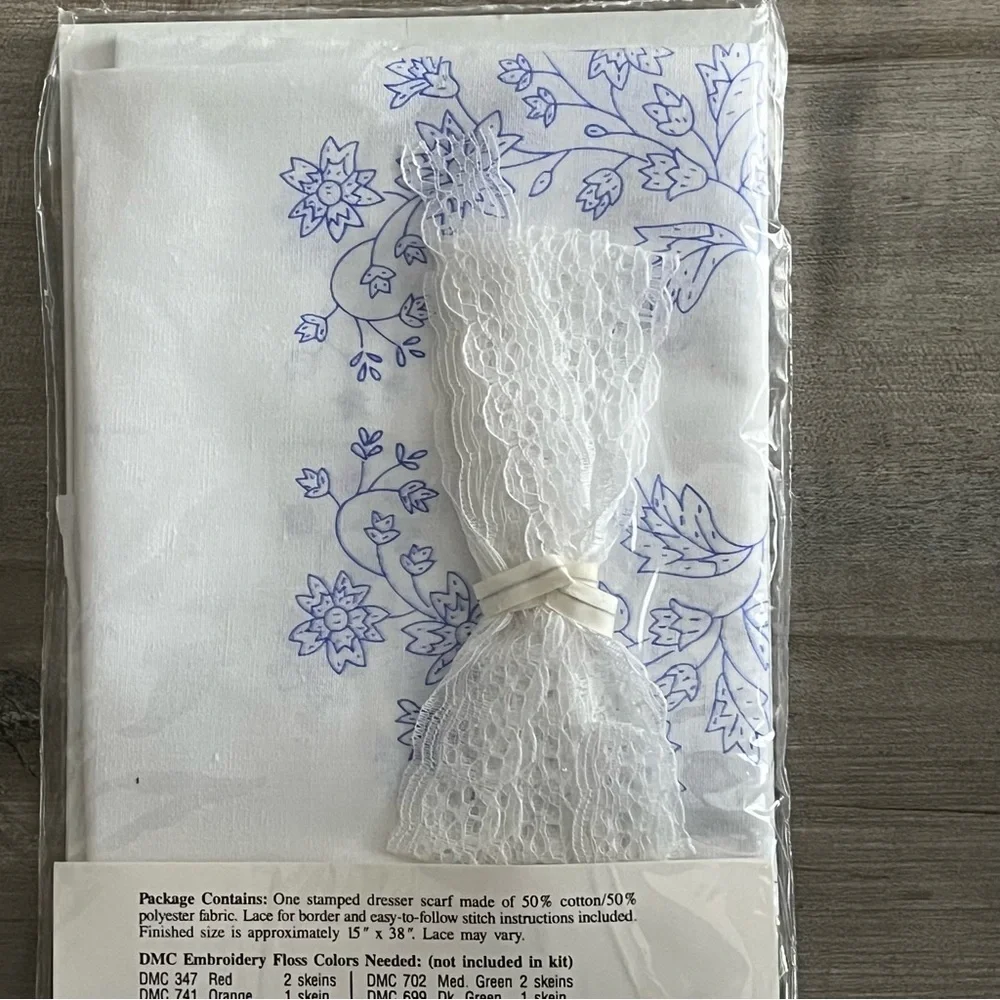NWT Bucilla Special Edition Stamped Embroidery Flowers Dress Scarf & DMC Floss